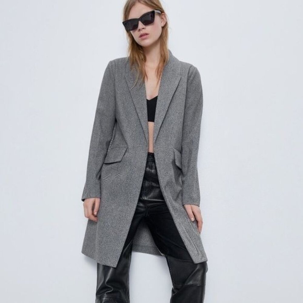 ZARA Women's Gray Herringbone Open Front‎ Blazer Coat- M
